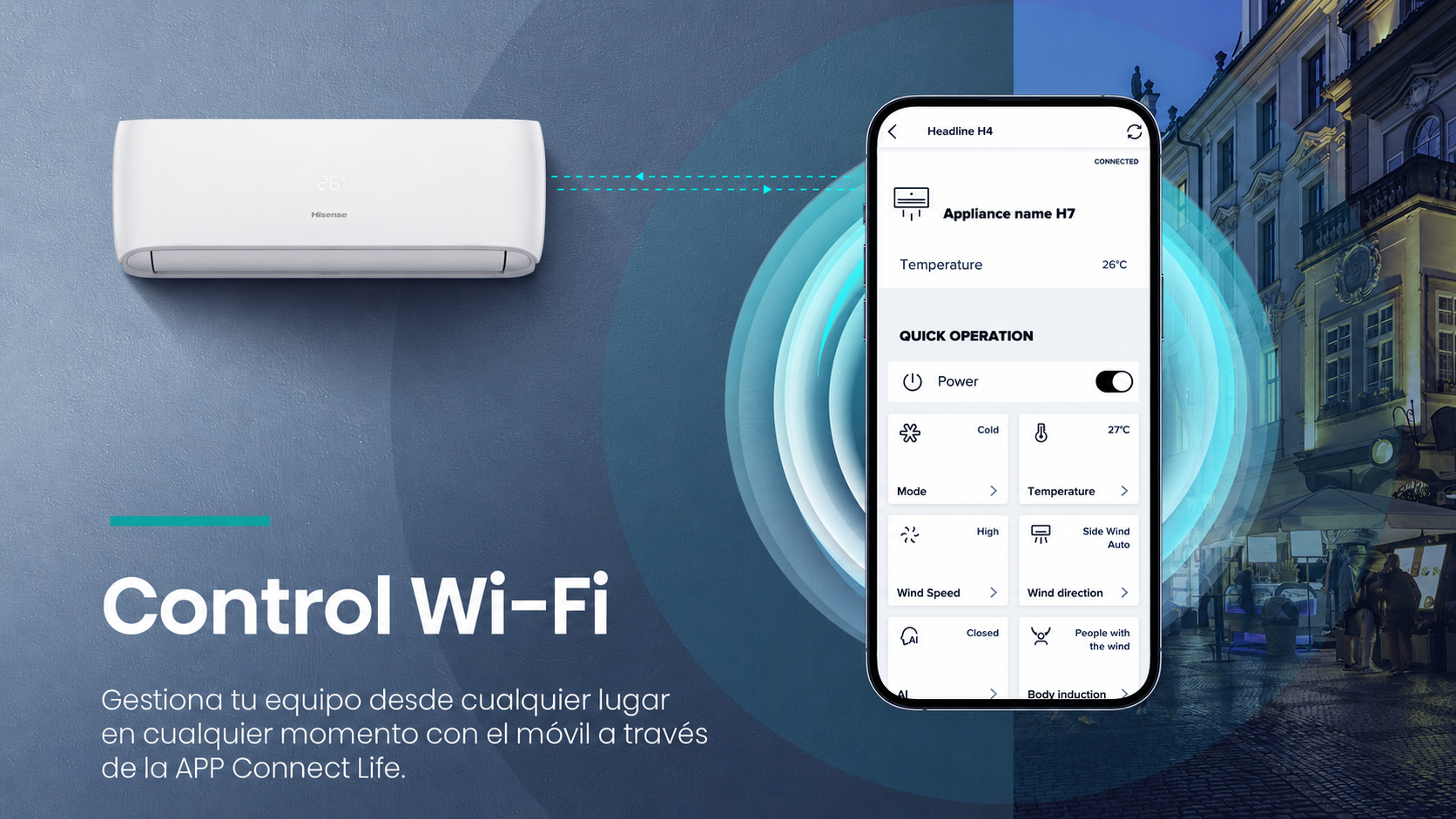 WiFi incorporado con app ConnectLife de Hisense Una de las prestaciones más destacadas de este modelo es su WiFi incorporado, que permite controlar el aire acondicionado desde el smartphone o tablet de forma cómoda mediante la app ConnectLife de Hisense, disponible para Android e iOS.  Desde la aplicación puedes encender y apagar el equipo, ajustar la temperatura, cambiar el modo de funcionamiento y gestionar la climatización desde cualquier lugar, siempre que el equipo esté correctamente conectado a la red WiFi. Esta función resulta especialmente útil para preparar la estancia antes de llegar a casa, evitar consumos innecesarios y disfrutar de una climatización más cómoda.